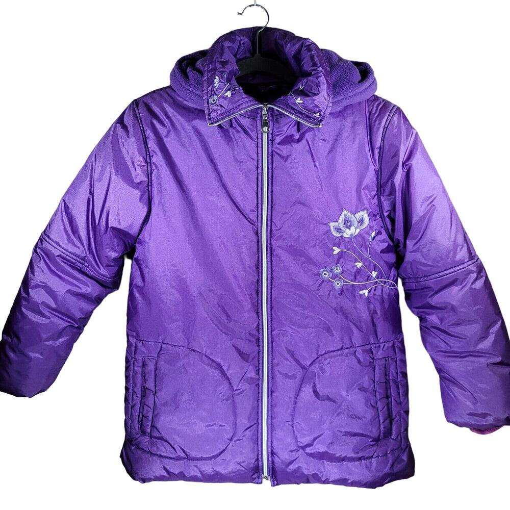Girls Fleece Lined Jacket Sz 14 Removable Hood Purple Embroidered Coat CUFF FLAW